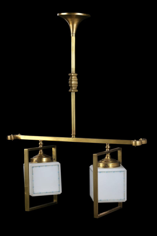 ArtDeco Chandelier with Hand-Painted Oplaine Cube Shades