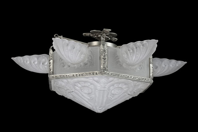 French ArtDecor Frosted Glass Leaf Chandelier