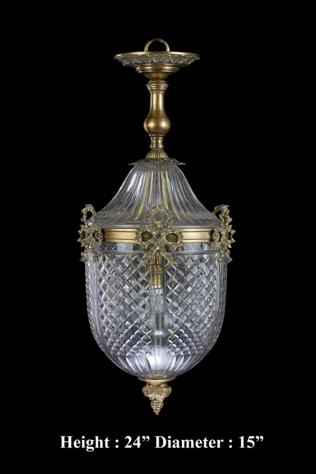 French Bow Rococo Cut Glass & Brass Hanging Lamp