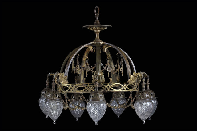 Art Nouveau Brass with Cut Glass Chandelier