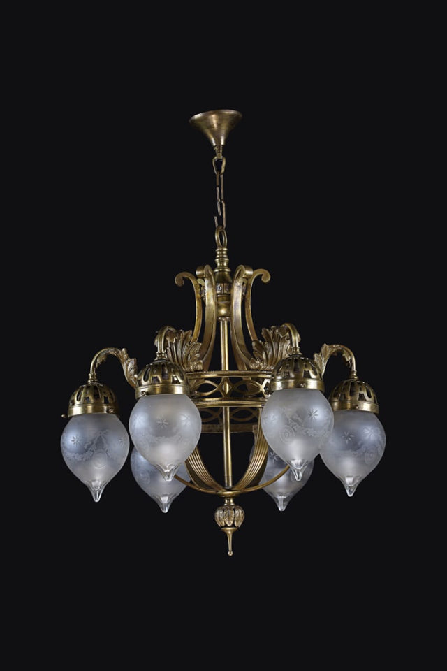 French Art Nouveau Gilt Brass Frosted Glass Chandelier