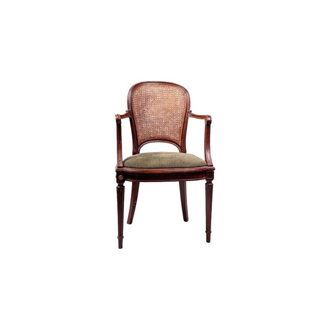 French Antique Teak Armchair with cane and Brass finishes