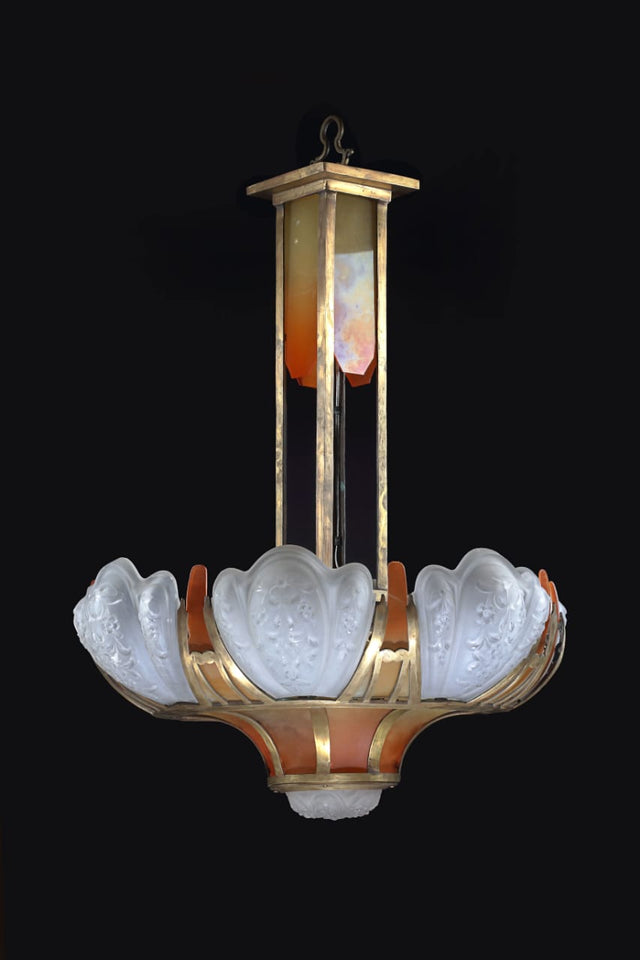 French Art Deco Chandelier with Frosted Shell Shades
