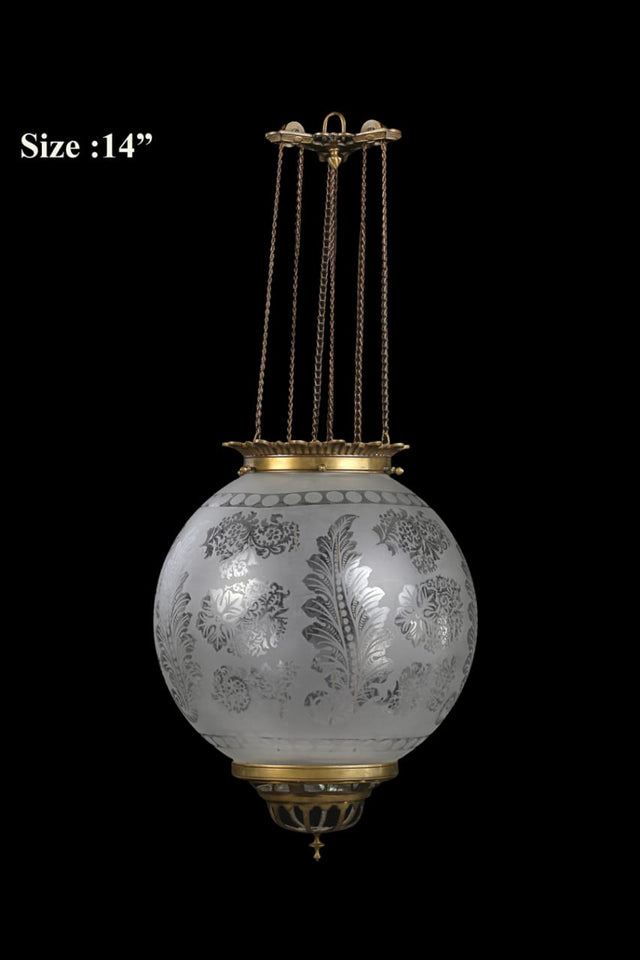 French Brass and Glass Ceiling Lamp with Pulley Mechanism