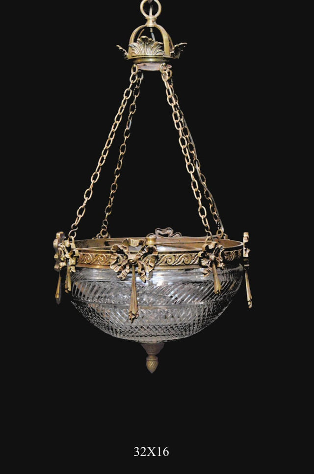 French Ormolu Hanging Lantern with Crystal Cut Glass Bowl