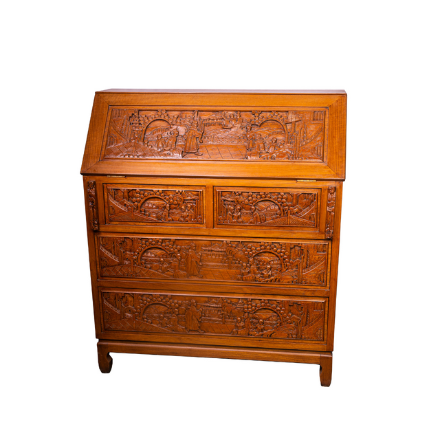Intricately Carved Chest of Drawers with a Convertible Writing Desk