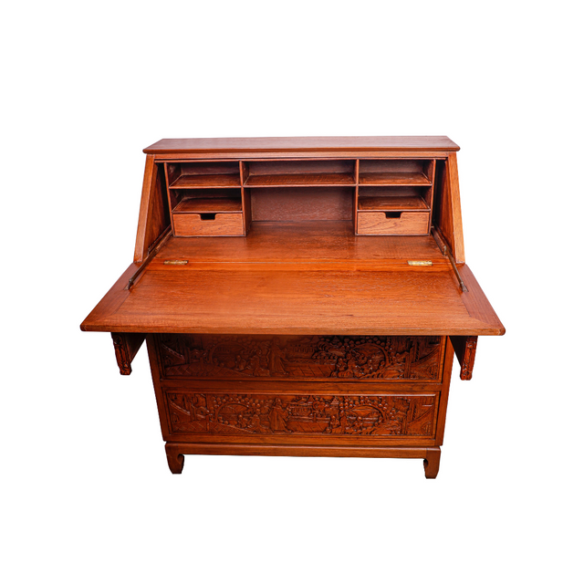Intricately Carved Chest of Drawers with a Convertible Writing Desk (Open)