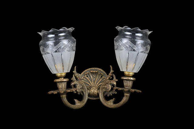 Vintage Double 'U' Brass Wall Scones with Crystal Cut Glass Shades